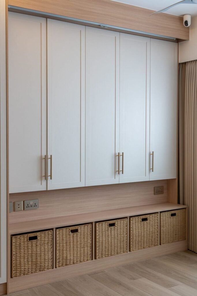 Window seat with woven basket drawers under white wardrobes