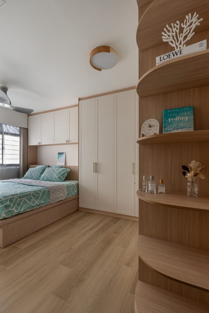 Bedroom with a curved oak display shelf