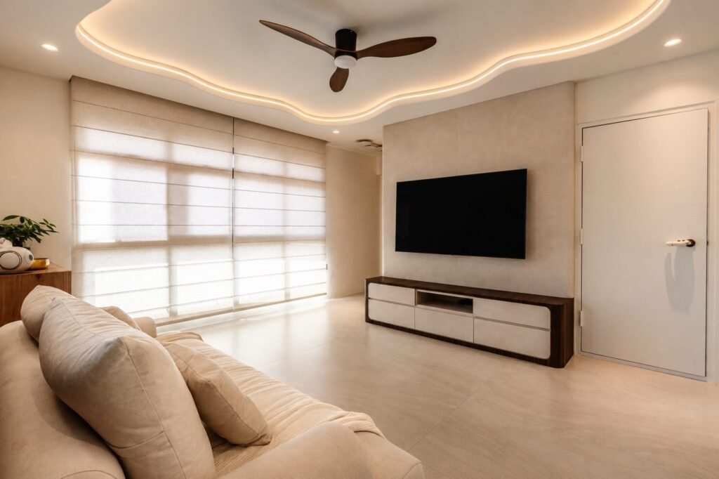 Living room with cream sofa and low walnut TV console