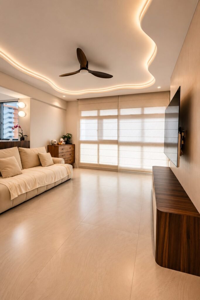 Curved cove ceiling with a ceiling fan above the living room