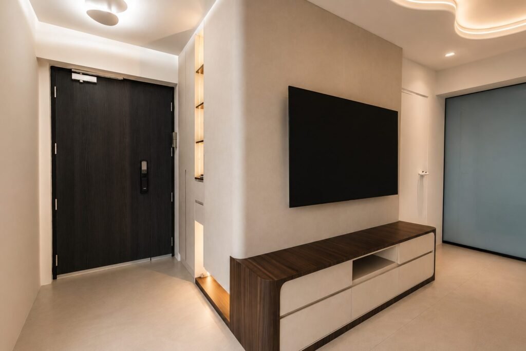 Entrance and TV wall with a walnut and white console