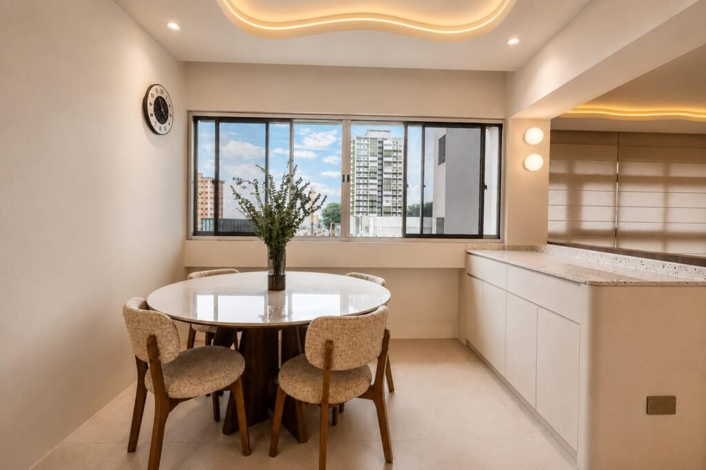 Round dining table by the window with built-in storage