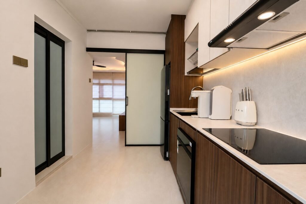 Kitchen with under-cabinet lighting and a view to the hallway