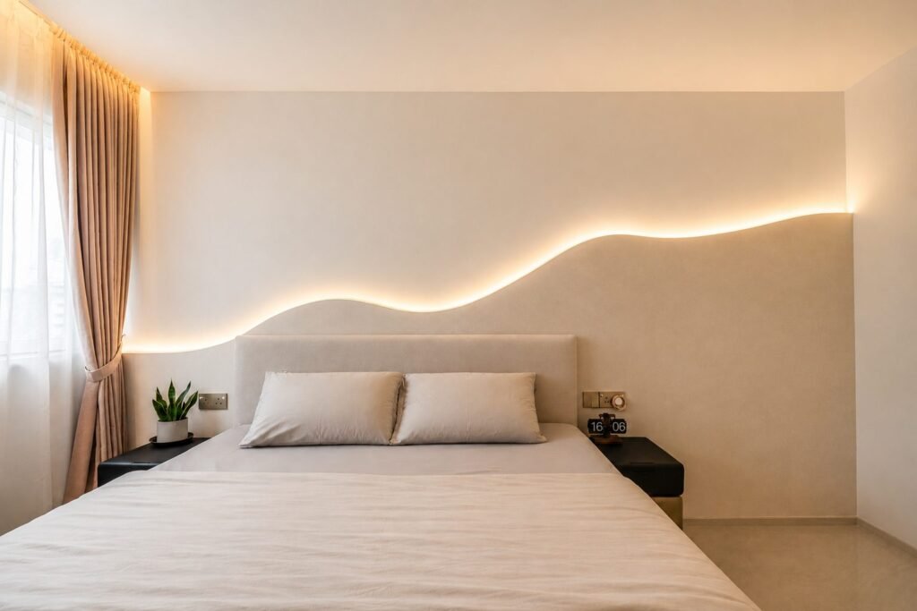 Bedroom with a wave-shaped feature wall and hidden lighting