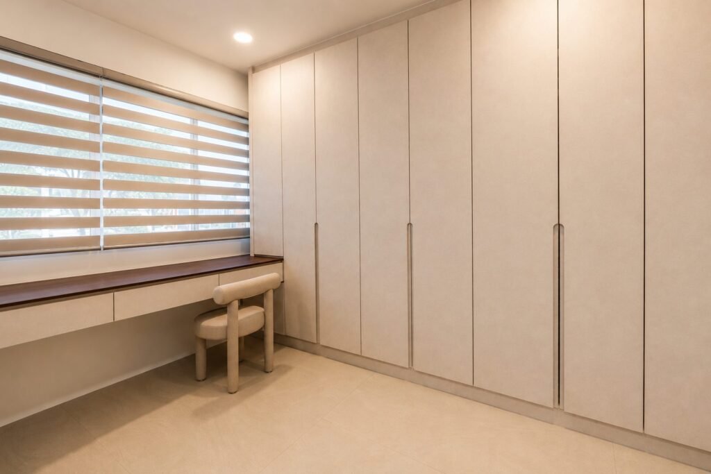 Study with built-in desk and full-height wardrobe