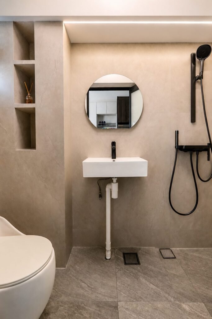 Common bathroom with a round mirror and wall-hung basin