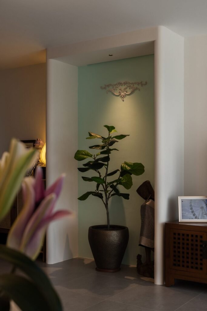 Jade-green niche with a potted fiddle-leaf fig