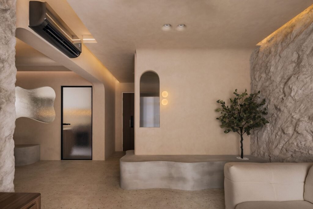 View from the living room towards the curved bench and dining nook