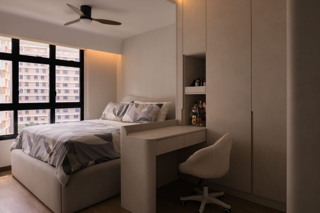 Bedroom with full-height wardrobe and built-in dressing table